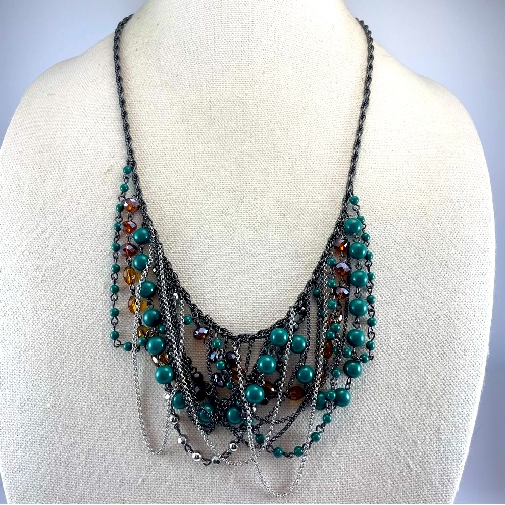 Talbots Acrylic Glass Black Chain Rhinestone Multi Layer Necklace Bracelet Set - Picture 4 of 8